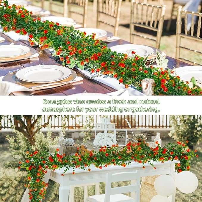 Faux Eucalyptus Garland Plant Fake Vines, Artificial Hanging Eucalyptus Leaves Greenery Vines Arch Kit Flower Green Garlands for Decoration for Wedding Backdrop Wall Party Home Indoor Outdoor(Orange)