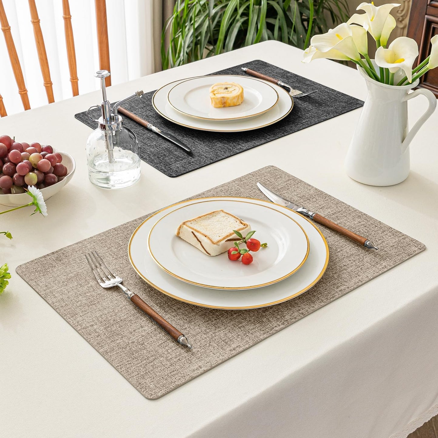 Romanstile Reversible Vinyl Placemats Set of 6, Faux Leather 100% Waterproof Oil-Proof Wipeable Place Mats, Heat Resistant Dual Sided Table Mats for Kitchen/Dining/Party (Grey Khaki, 12 x 17 Inch)