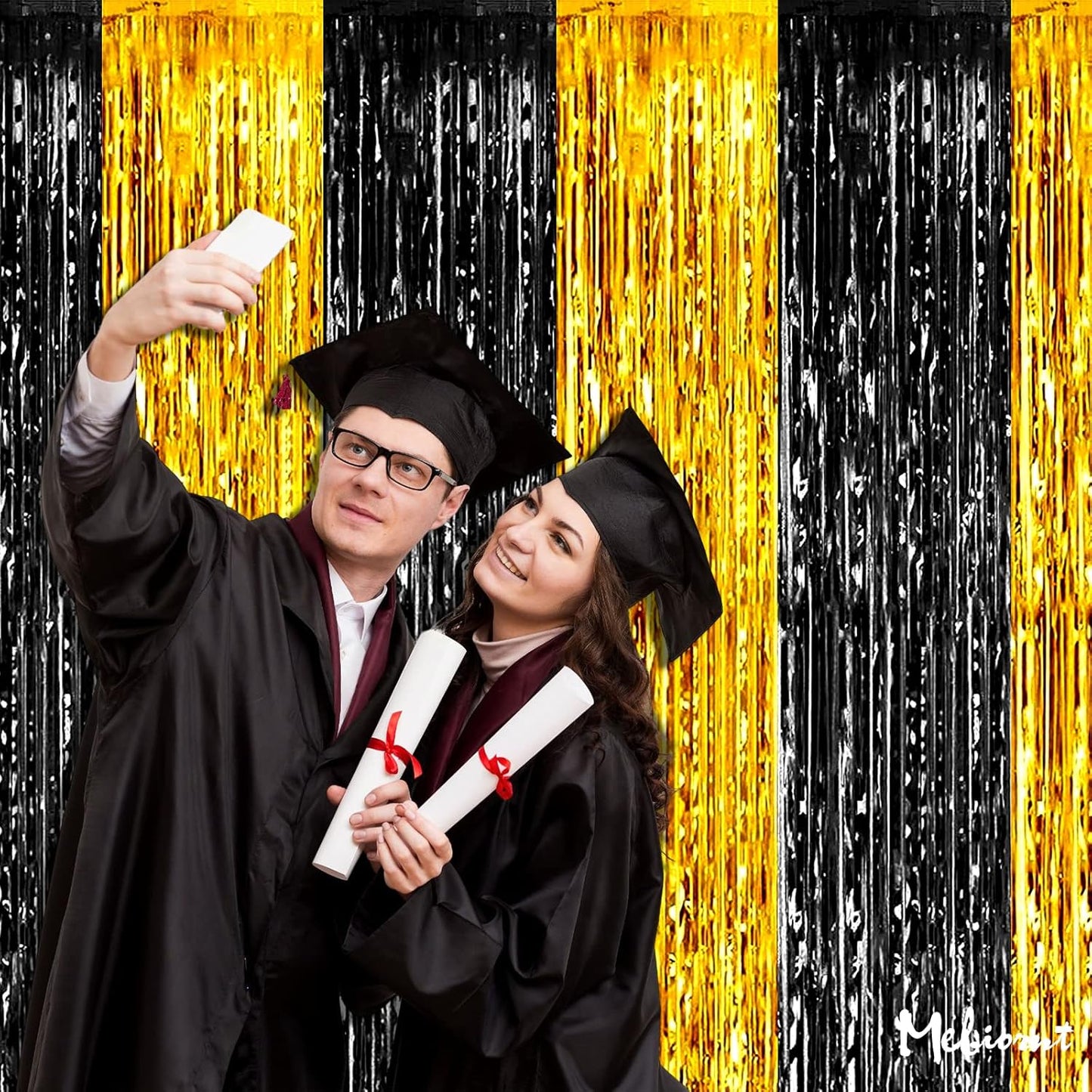 4 Pack 3.2Ft x 9.8Ft Black and Gold Fringe Curtain Backdrop, Metallic Tinsel Foil Fringe Streamers Curtains Background for Photo Booth Birthday Wedding Graduation Carnival Party Decorations