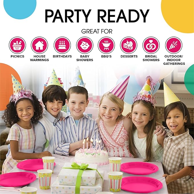 Exquisite Party Solids Hot Pink Plastic Plates For Party Supplies 10" Hot Pink Disposable Plates Heavy Duty 50 Pcs Plastic Dinnerware Sets Heavy Duty 350 GSM Disposable Dinnerware Set