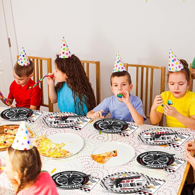 96PCS Race Car Themed 3rd Party Paper Plates and Napkins and Forks Set Young Fast Three Party Tableware Racing Checkered Flag Disposable Dinnerware for Kids Birthday Gatherings Decorations