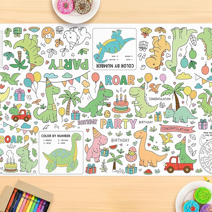 Dinosaur Coloring Tablecloth, Dinosaur Large Coloring Poster Tablecloth 30x72 Inch, Dino Party Themed Color-in Activities Games, Birthday Party Games for School Classroom Home Party