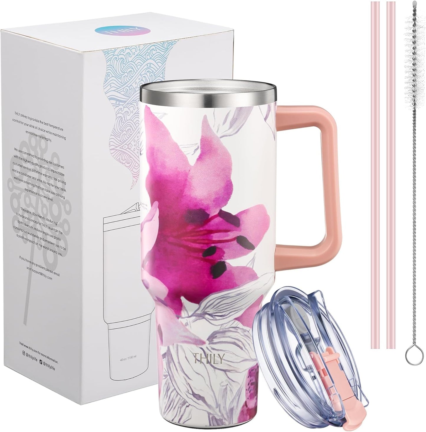 THILY 40 oz Stainless Steel Tumbler with Handle - Vacuum Insulated Travel Cup, Splash-Proof & Leakproof Lid, 2 Straws & Brush | Keeps Cold 34H/Hot 12H, Cupholder Friendly, Lotus Flower