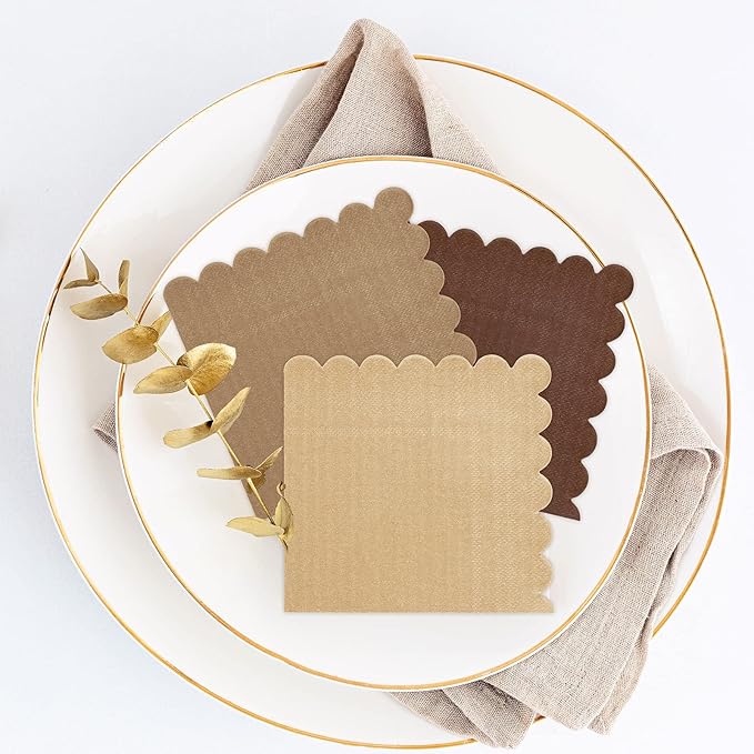 Whaline 150 Pack Fall Color Brown Neutral Cocktail Napkins Wood Grain Napkins Brown Gradient Color Napkins with Scalloped Edges Disposable Napkin in 3 Colors for Party Supplies Table Decor, 5 x 5 In