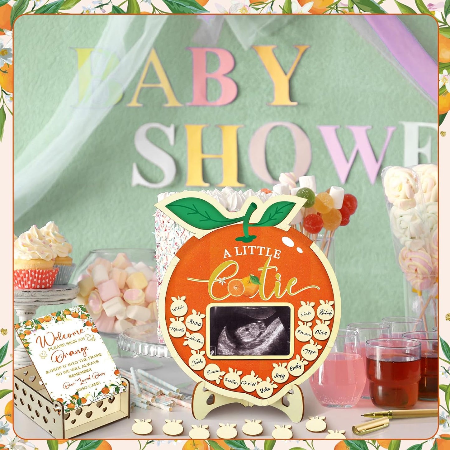 Wenqik 63 Pcs Little Cutie Baby Shower Guest Book Alternatives Set Baby Shower Decorations with Photo Frame Sonogram Frame Keepsake 60 Wood Slices Guest Book for Birthday