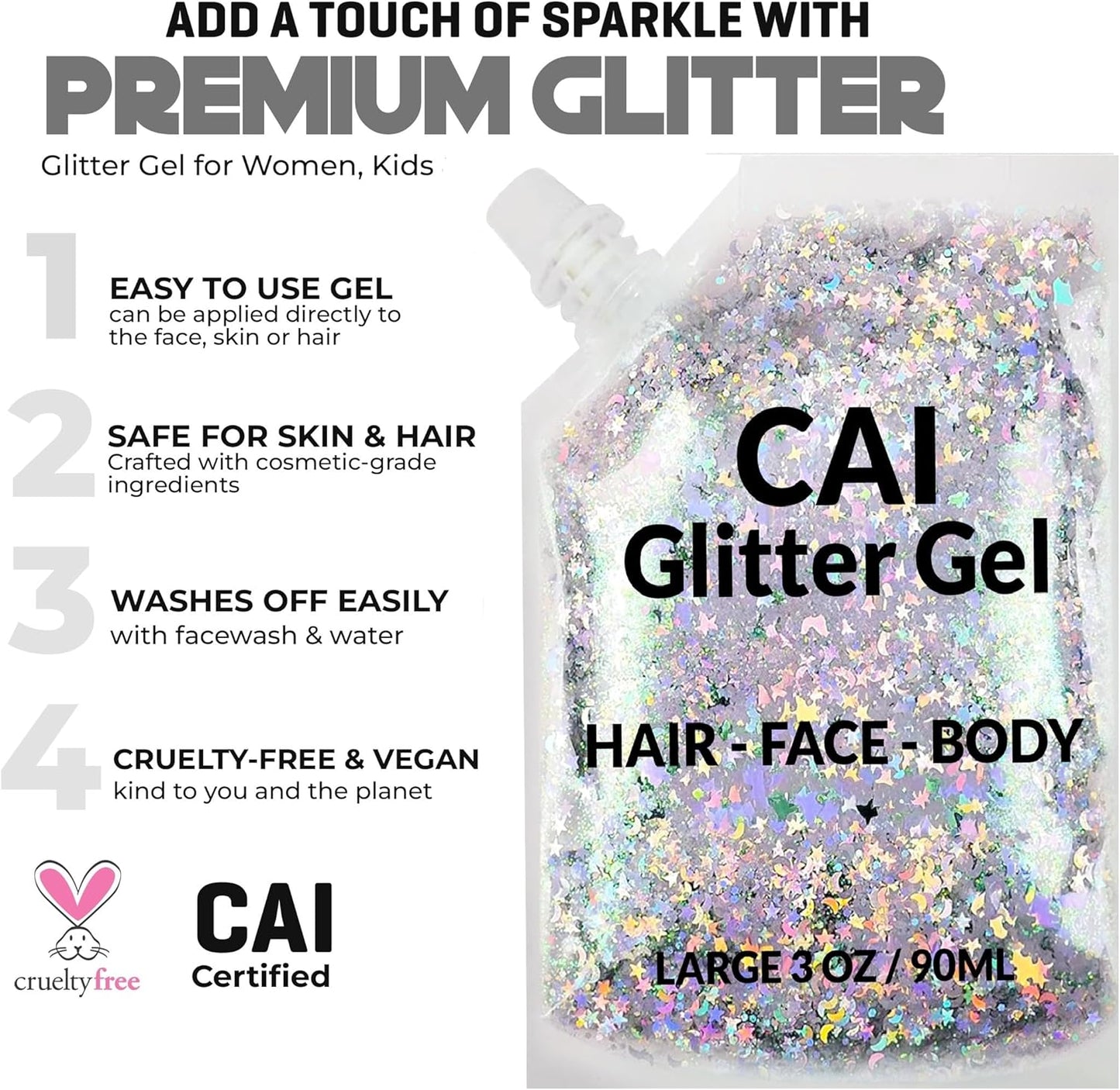 Face, Body & Hair Glitter Gel – Halloween Glitter for Kids and Women – 3 Oz Cosmetic-Grade Gel w/Moon & Stars for Festivals & Halloween Party, Easy Apply & Wash Off - Blue 2Pack