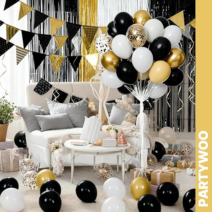 PartyWoo Black and Gold Balloons 65pcs 12 Inch Matte Black White Metallic Chrome Gold Confetti Balloons for Graduation Baby Shower Birthday New Year's Eve Anniversary Bachelorette Party Decorations