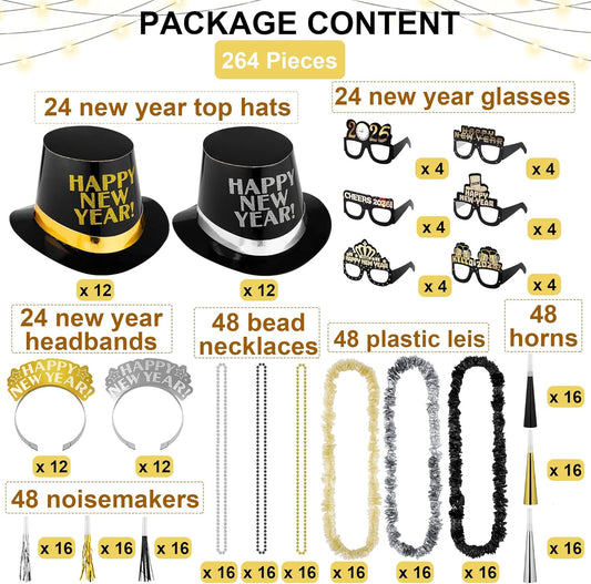 Fovths 264 Pieces 2026 New Years Eve Party Supplies Includes Glasses Top Hats Headband Noisemakers Horns Bead Necklaces Plastic Leis New Year Party Favors for Celebration Decoration Gift