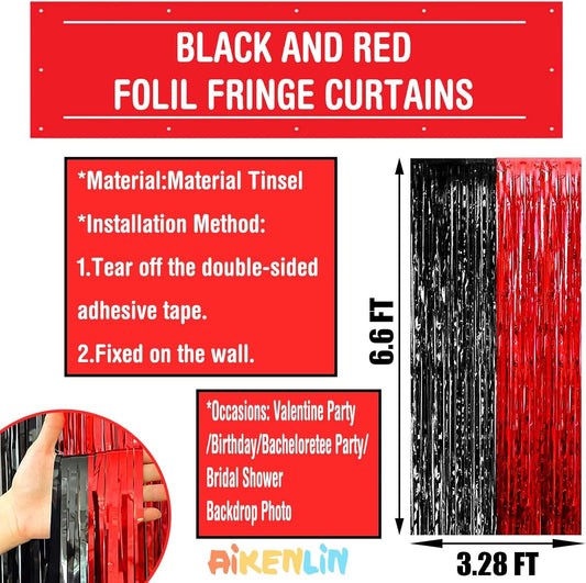 4 Pack 3.2Ft x 6.6Ft Black Red Foil Fringe Curtain Backdrop, Metallic Tinsel Foil Fringe Streamers Curtains Background for Casino Viva Las Vegas Game Night Birthday Party Decoration