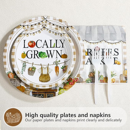 Grencian 96Pcs Locally Grown Baby Shower Decorations Farmers Market Party Plates and Napkins Vegetable Theme Disposable Tableware for Food Market Party Baby Shower Decorations Serves 24