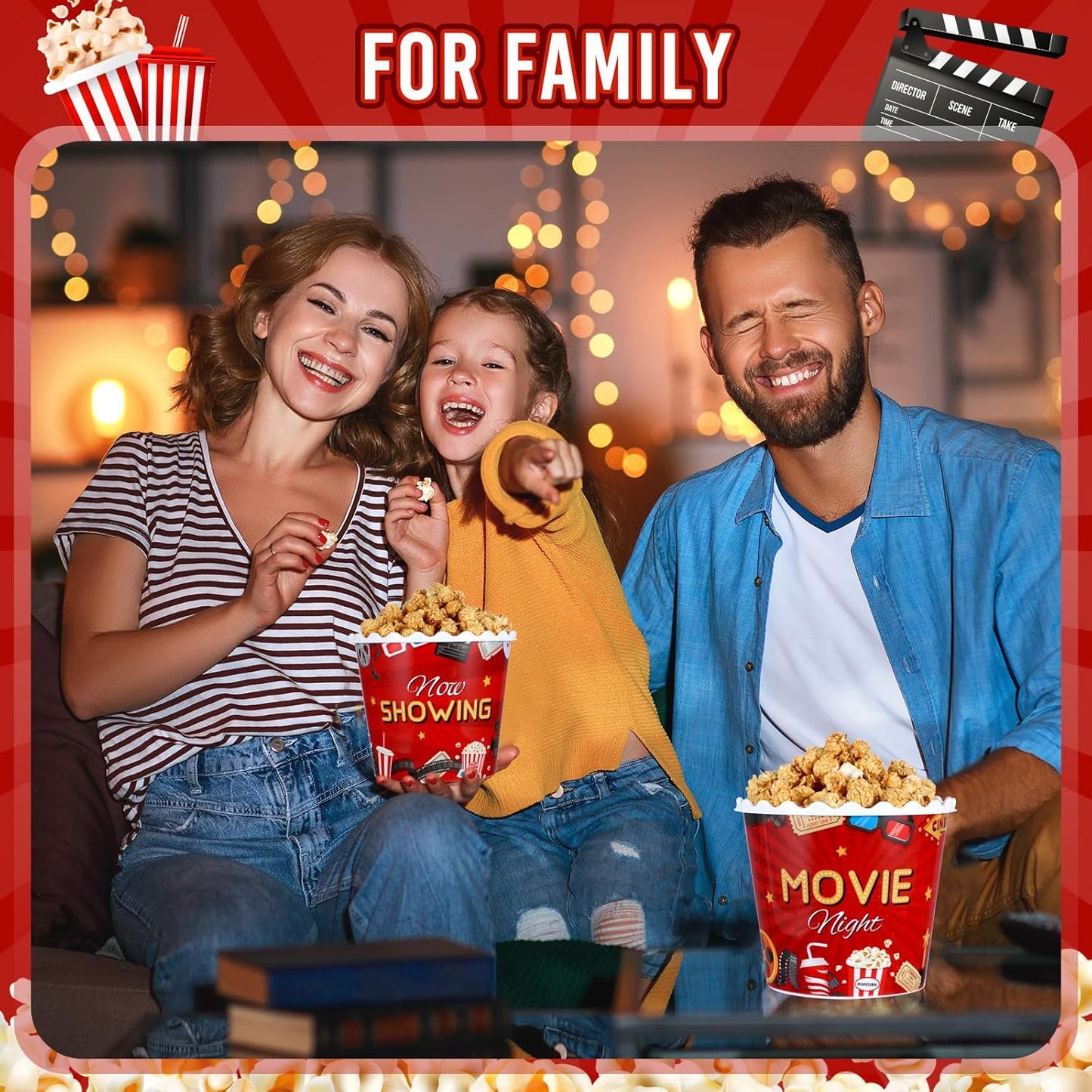 Roshtia 6 Pieces Plastic Popcorn Containers Reusable Buckets 75 oz Popcorn Boxes Bowl with Scoop Retro Style Red Plastic Scoop Set for Movie Theater Night(Movie)