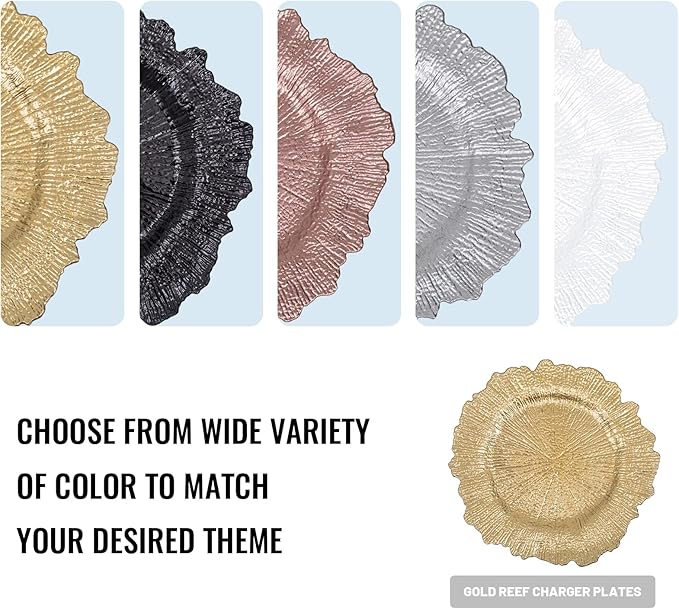 MAONAME 13" Gold Charger Plates, Round Reef Chargers for Dinner Plates, Plastic Plate Chargers for Table Setting, Wedding Decor, Set of 12