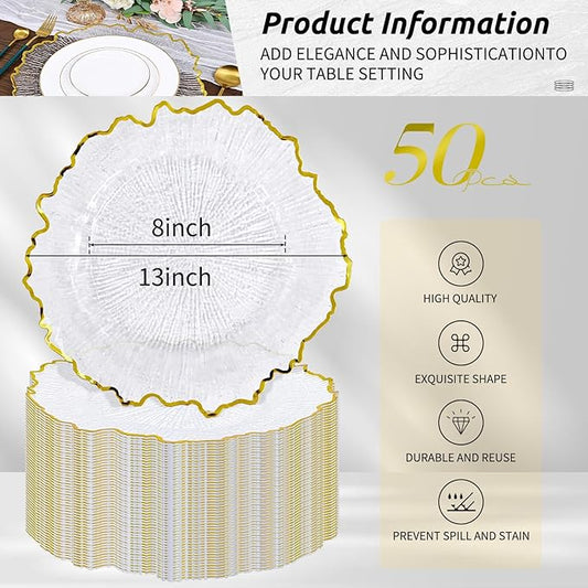 50Pcs Gold Charger Plates Round 13inch, Clear with Gold Rim, Reef Charger Plate for Dinner, Bulk Plastic Floral Table Charger Plates for Dinner Wedding Party Event
