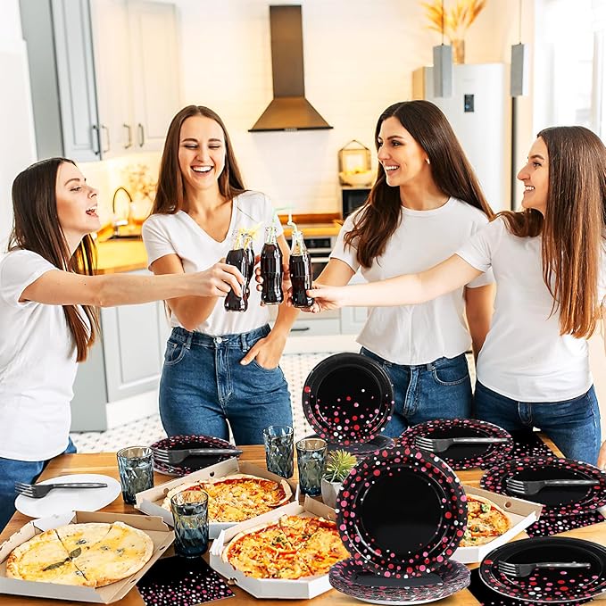 96PCS Hot Pink and Black Party Supplies Hot Pink Dots on Black Paper Plates Napkins Bachelorette Bridal Shower Party Decorations Girl Birthday Dinnerware Favor Coquette Tableware Serves 24