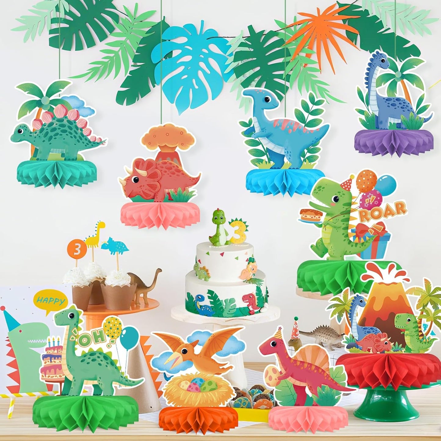 Dinosaur Birthday Party Supplies Kit – Honeycomb Centerpieces & Dino Table Decorations