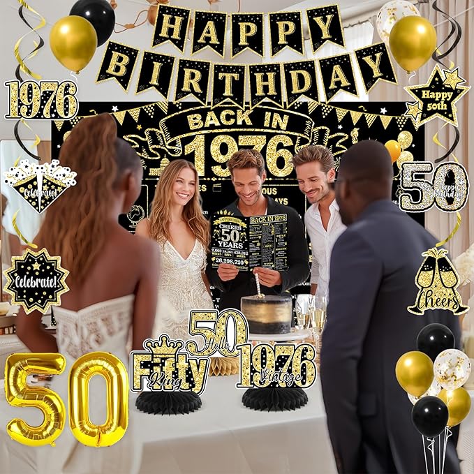 50th Birthday Decorations for Men, Black Gold Back in 1976 Party Supplies with Banner, Backdrop, Sash, Balloons, Cake Topper, Honeycomb Decorations, Happy 50 Year Old Birthday Decor Kit