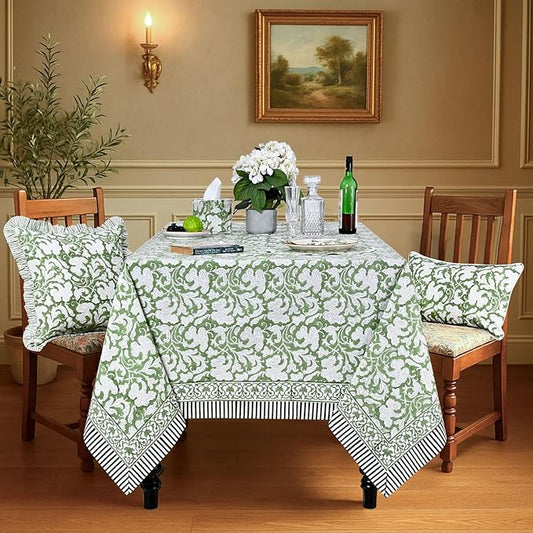Ridhi Hand Block Print Sage Green Rectangle Cotton Tablecloth 118" x 70" Reusable Table Cover Decorative Everyday Use for Dining, Farmhouse, Home Gift for Spring, Easter, Valentine