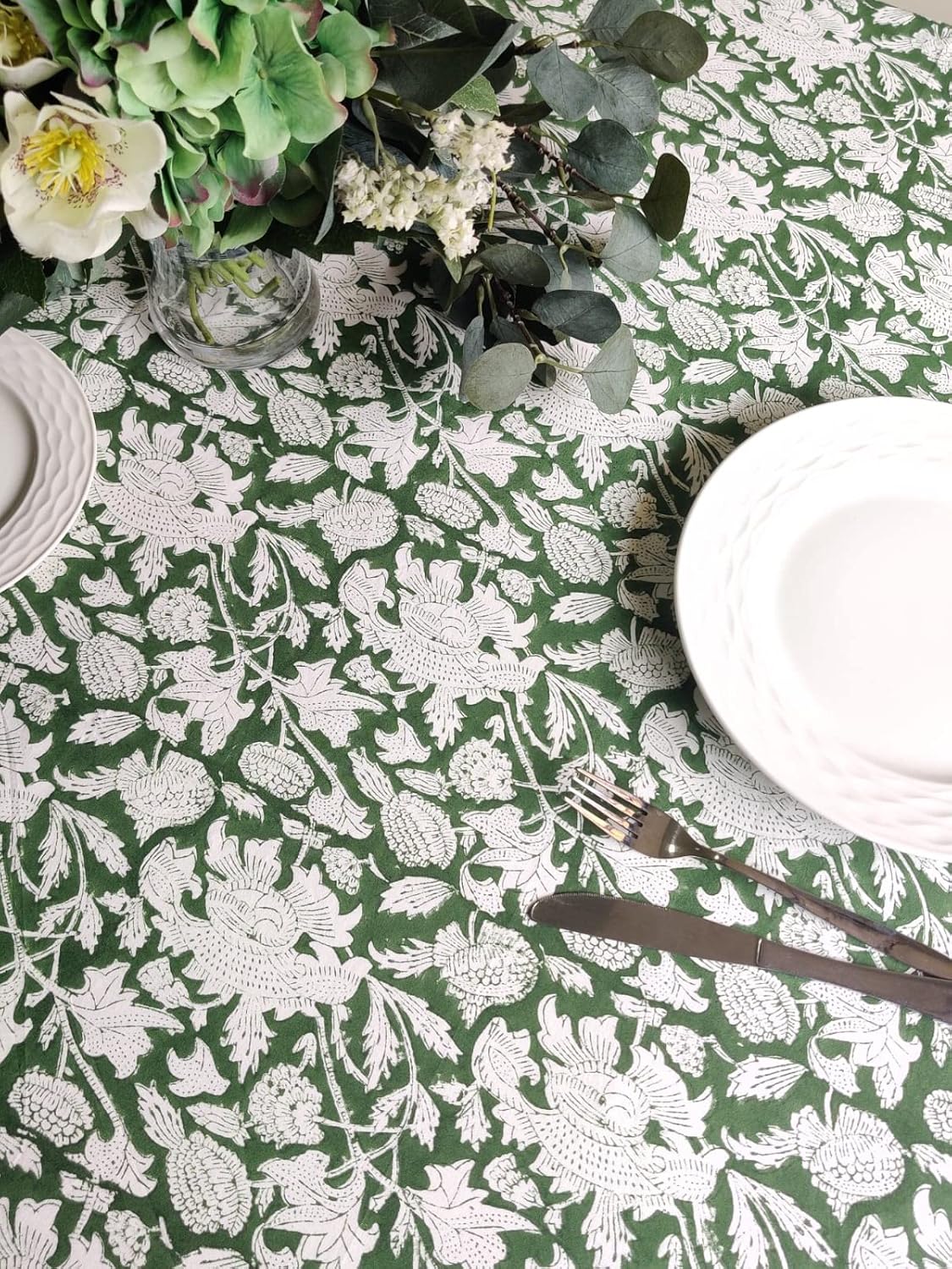ATOSII Meraki Green 100% Cotton Fall Tablecloth, Handblock Print Rectangle Table Cover for Kitchen Dining Linen I Parties, Thanksgiving, Christmas, Wedding, Table Cloth I 72 X 108 Inches I 8 Seater