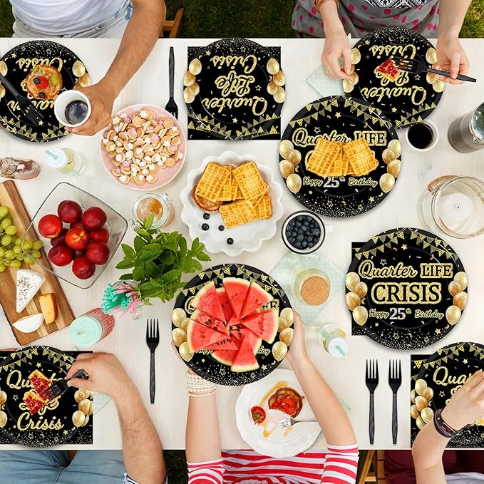 96PCS 25th Birthday Party Paper Plates and Napkins Set for Happy Quarter Life Crisis Cake Dessert Plates Disposable Supplies Black Gold 25 Year Old Theme Tableware Set for Men Women Party Decorations