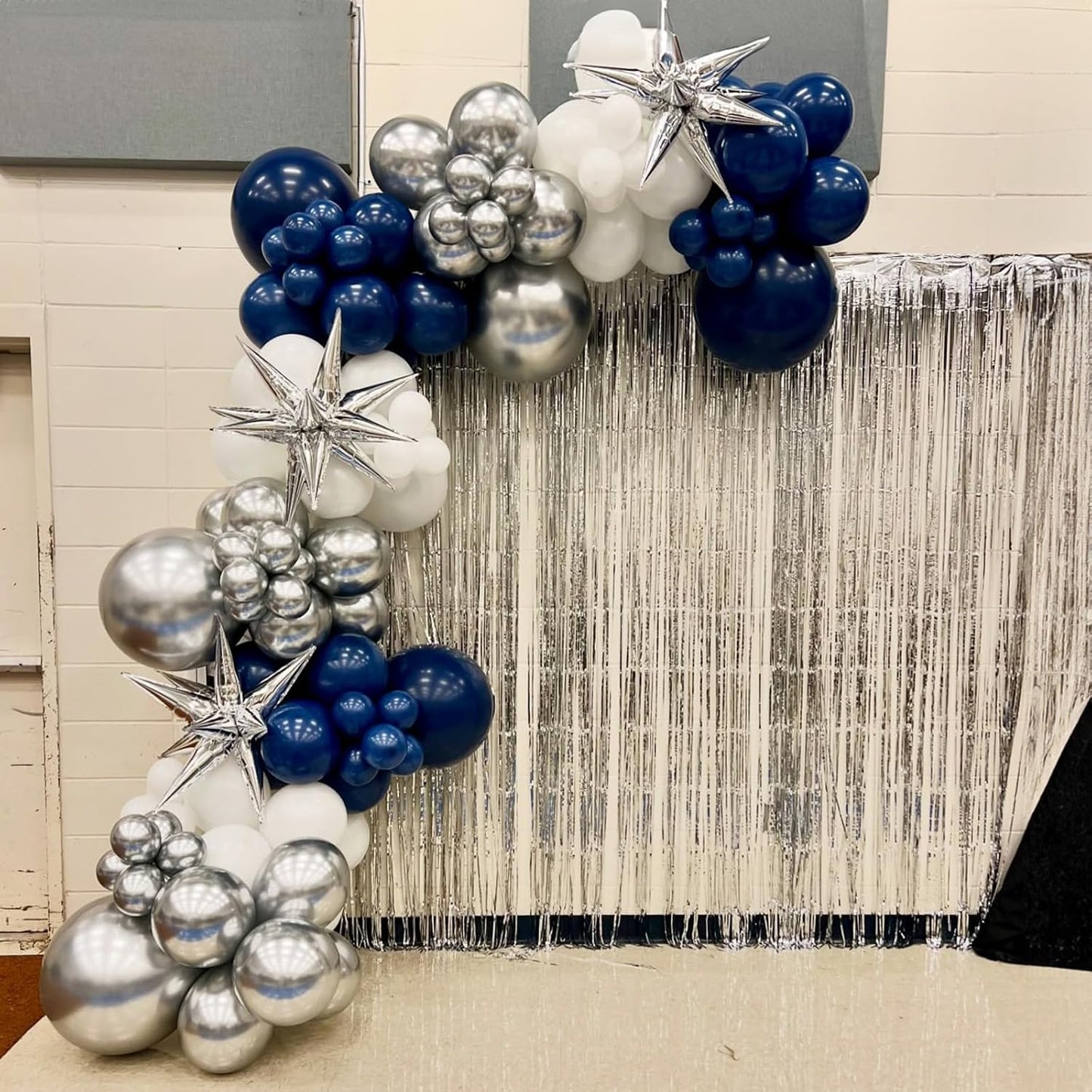 Blue Silver Balloon Garland Arch Kit, Navy Blue White Balloon Arch Kit, Metallic Silver Confetti Balloons Star Foil Balloons for Graduation Birthday Wedding Baby Shower Eid Ramadan Party Decorations