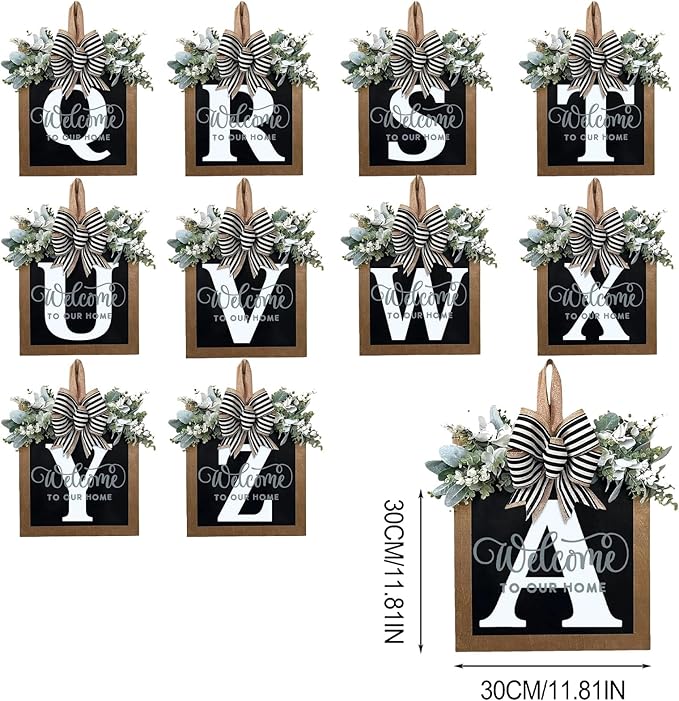 Last Name Year Round Front Door Wreath Front Porch Decoration 26 Letter Welcome Sign with Eucalyptus Garland and Bow Spring Wreaths for Front Door Outside Hanger Garland(Y)