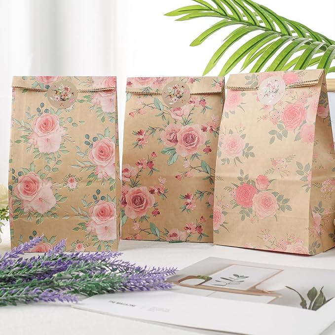 VGOODALL 36 Pack Gift Bags with Stickers, 4.7x3.1x8.7 Inch Floral Party Favor Treat Bags for Wedding Baby Shower Birthday Bulk Gift Packaging Supplies