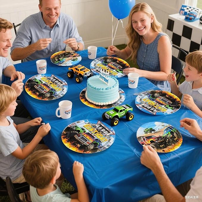 Grencian 96Pcs Monster Themed Truck Birthday Party Decorations Monster Themed Truck Plates and Napkins Forks Tableware for Kids Boys Car Birthday Party Decorations Serves 24