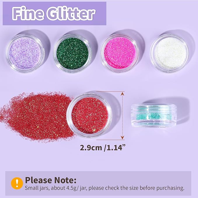 LEOBRO Fine Glitter, 24 Colors Iridescent Glitter for Crafts, Resin, Nail Body, DIY Party Decorations