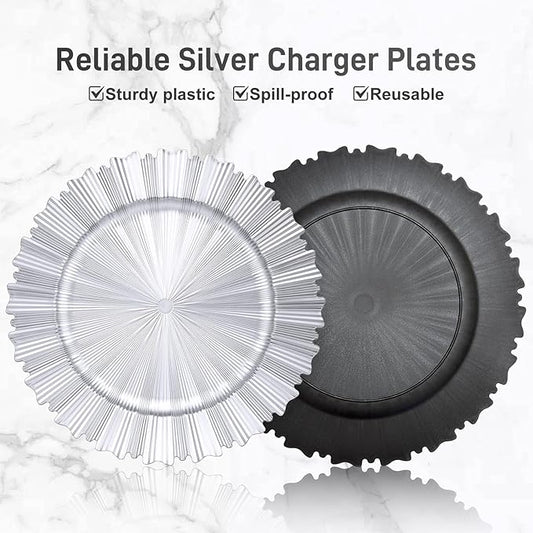 6 Pcs Silver Charger Plates,13 Inch Elegant Fluted Edge Plastic Charger Plates Reusable Table Chargers for Dinner Birthday Wedding Party Bridal Showers Tableware Dishes Luxury Decor