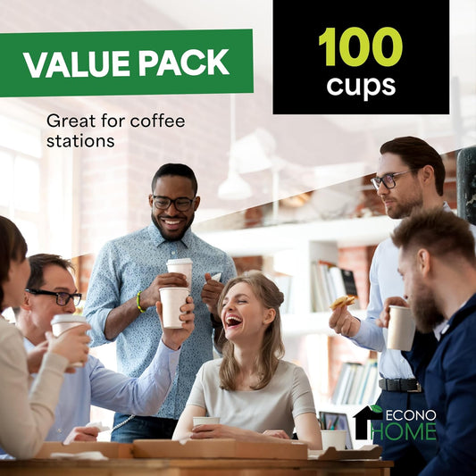 EconoHome Disposable Coffee Paper Cups 8oz 100Pack – Hot & Cold Drinks, Leak-Proof