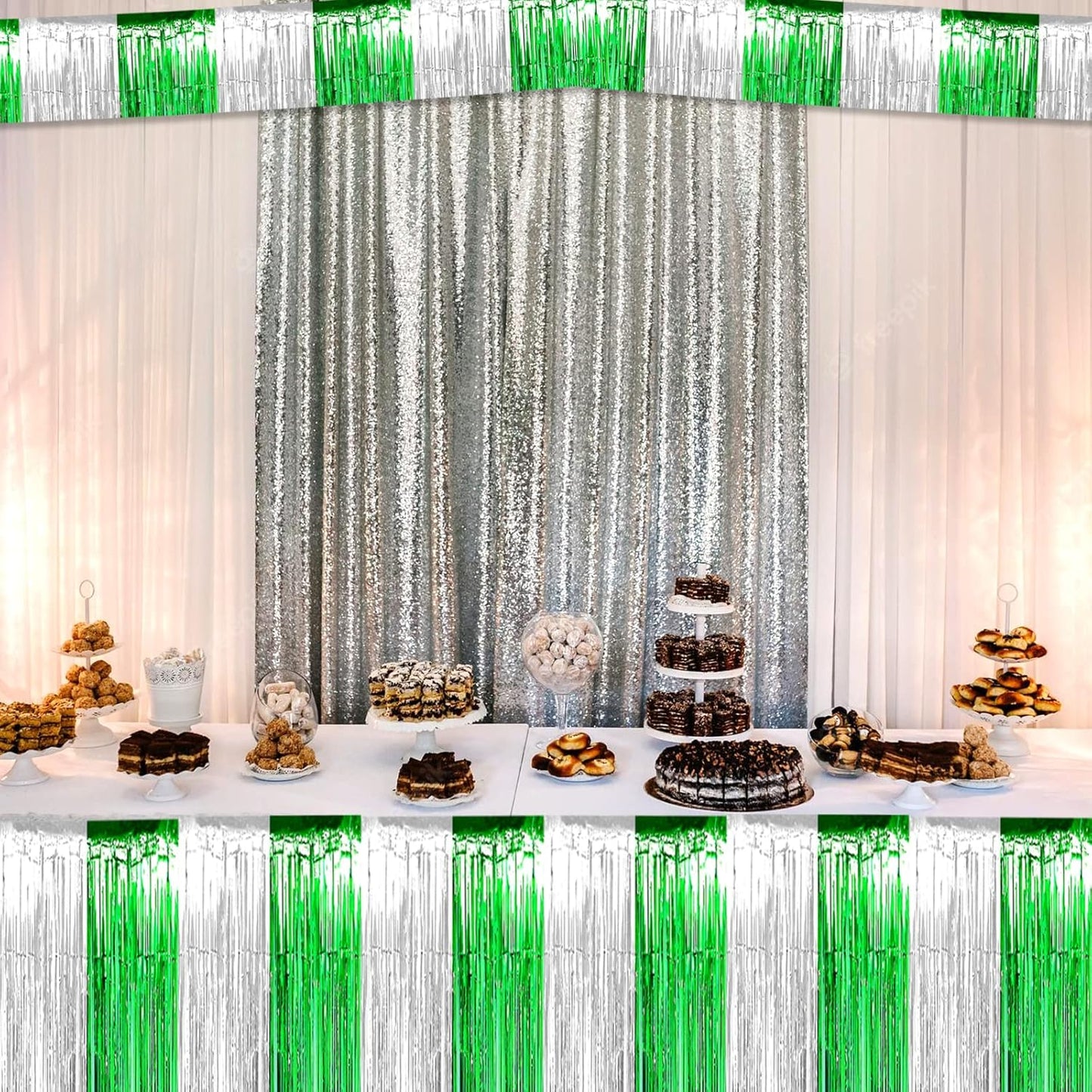 6 Pack 6 Feet Foil Fringe Garland Metallic Tassle Banner Wall Hanging Tinsel Streamers Backdrop for Parade Floats, Wedding, Birthday, Mardi Gras, St Patrick Day Party Decorations(Silver Green)
