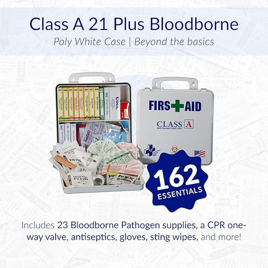 Certified Safety Mfg Class A 21 Plus BBP - 158pc USA-Made ANSI & OSHA Compliant First Aid Kit w/Bloodborne Pathogen Protection - Bloodborne Pathogen Kit for Businesses (Plastic Case)