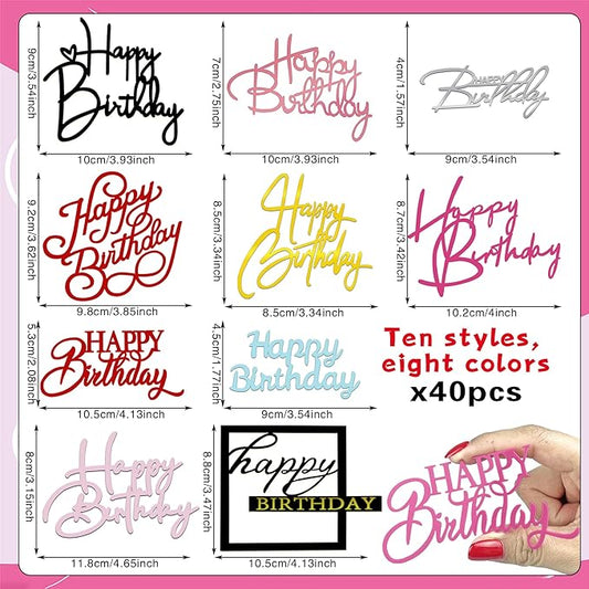 40 PCS Happy Birthday Cake Toppers Mirror Acrylic Toppers with 10 Styles 8 Colors for Birthday Party Cake Desserts Pastries