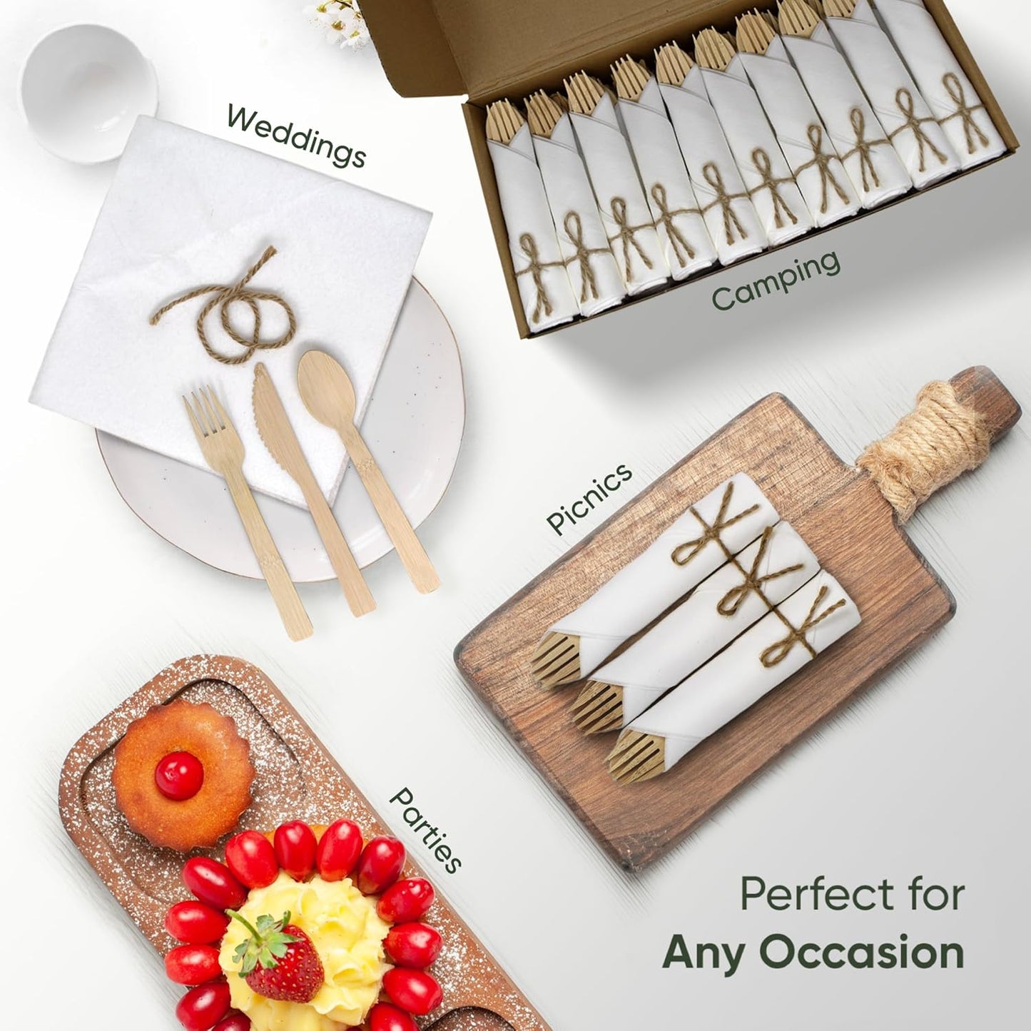 Premium Pre-Rolled Napkin and Bamboo Cutlery Set (50 Pack, 200 PCS) 100% Biodegradable, Eco-Friendly, Disposable Wrapped Cutlery - Includes Pre-Wrapped Bamboo Forks, Knives, Spoons, & Napkins