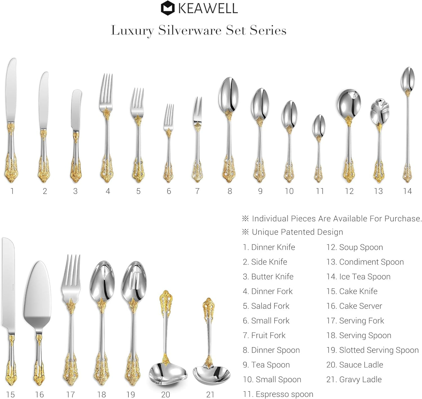 KEAWELL Gorgeous Wedding Cake Knife and Server Set, 18/10 Stainless Steel, Fine Luxury Cake Cutting Set (Gold Accent)