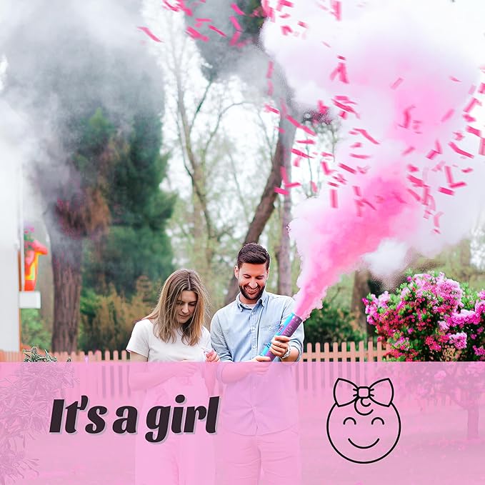 POPUPARTY 4Pack pink Gender Reveal Confetti smoke Powder Cannon, Confetti and Powder Poppers | Ideal for Baby girl Gender Reveal Decoration and party