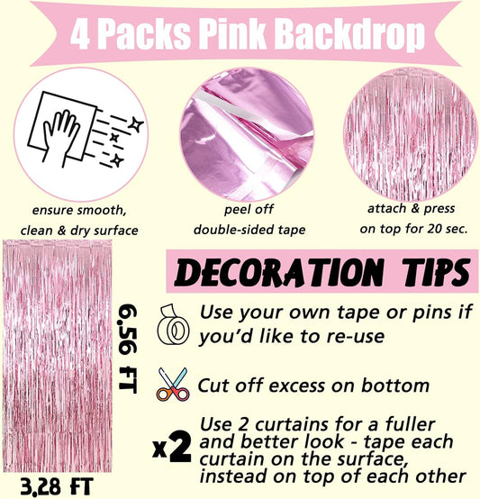 4 Pack Pink Fringe Curtain Backdrop, 3.2Ft x 6.6Ft Metallic Tinsel Foil Fringe Streamers Background for Photo Booth Birthday Wedding Baby Shower Carnival Easter Mother’s Day Party Decorations