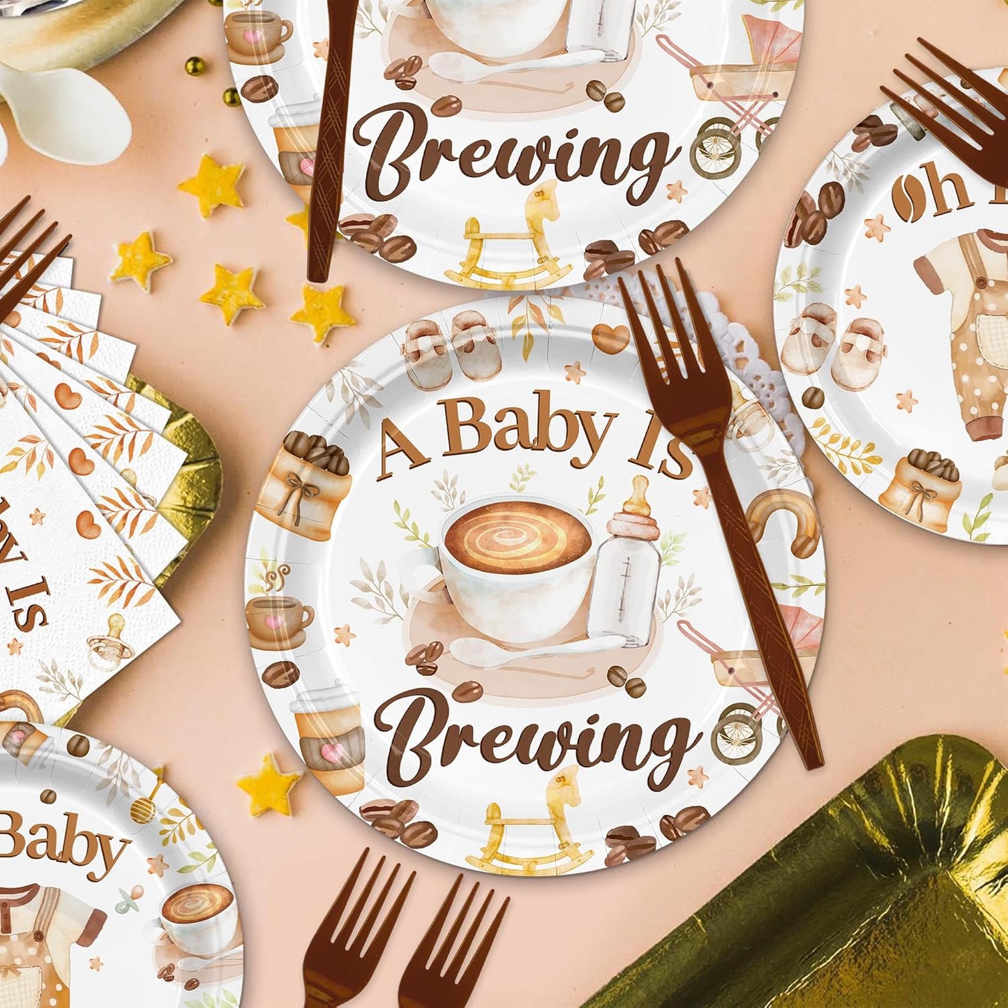 168PCS Coffee Baby Shower Party Supllies for Boys Girls A Baby Is Brewing Party Decorations Coffee Themed Tableware Plates Cups Napkins Cups Forks Knives and Straws Dinnerware for 24 Guests