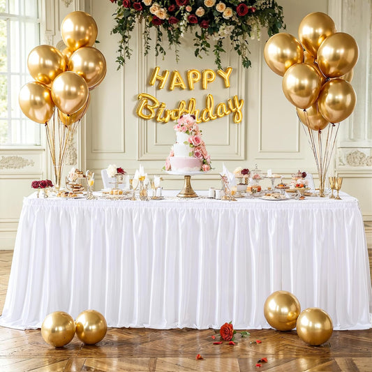 Wish Care 9ft White Satin Table Skirt for Rectangle Tables Wrinkle Free Glitter Desk Skirts Pleated Ruffle Table Cloth for Wedding Birthday Baby Shower Party Banquet Cake Teacher Table Decorations
