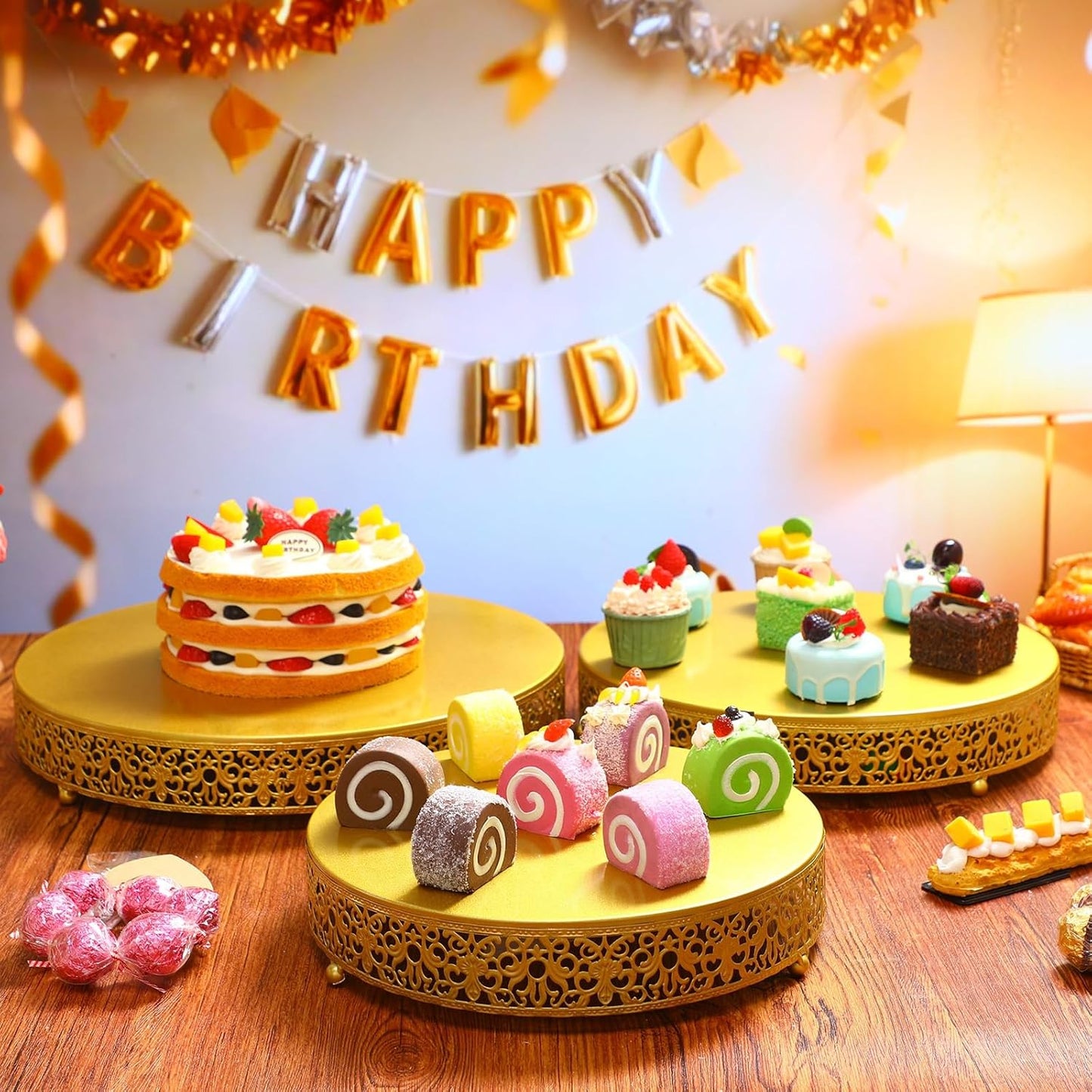 Wenqik 3 Pcs 16'' 14'' 12'' Metal Gold Cake Stand Round Cake Stands for Dessert Table Cookies Fruit Serving Tray Cupcake Dessert Pastry Riser for Wedding Birthday Party and Events
