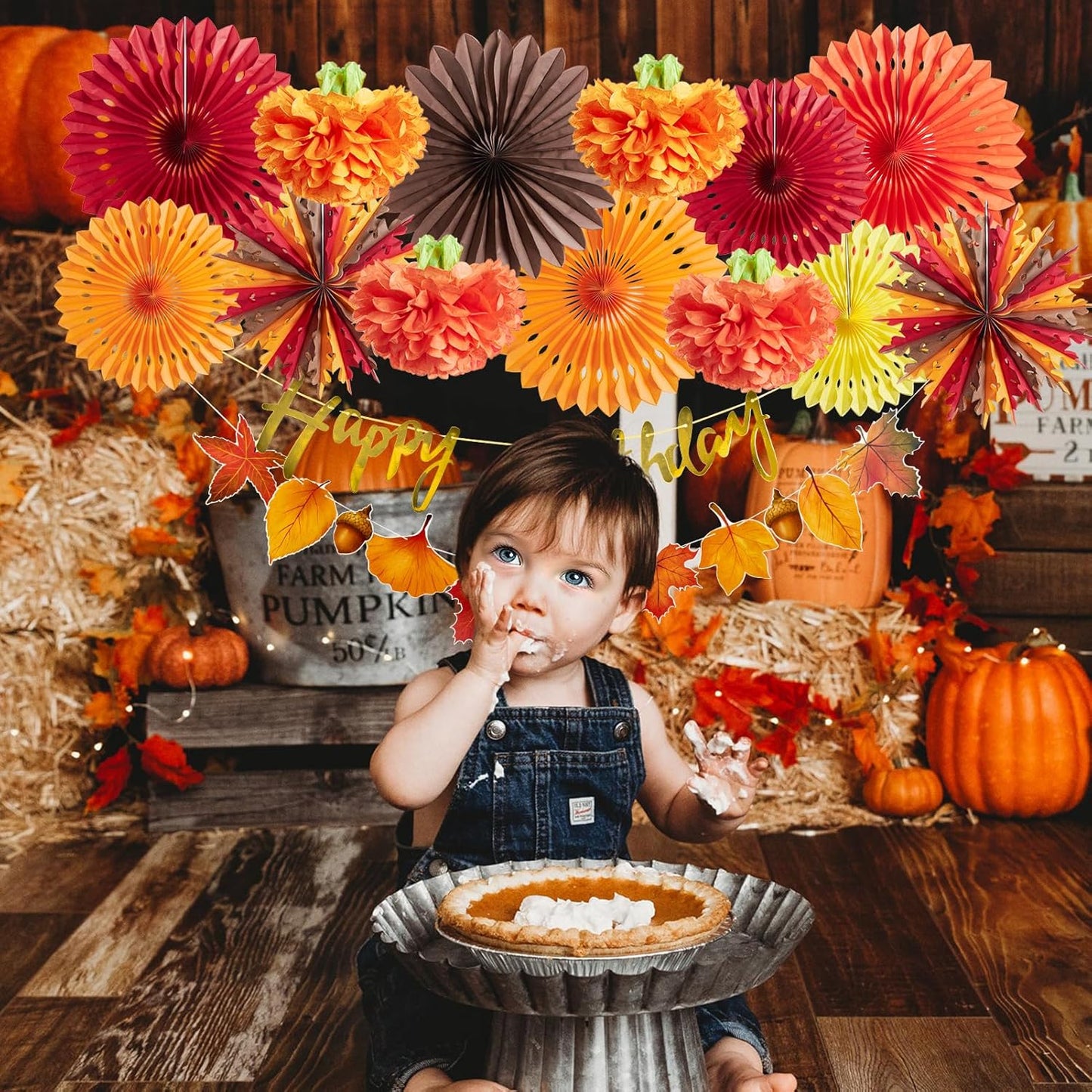 SUNBEAUTY Fall Party Decorations Orange Birthday Decorations Hanging Paper Fan Pumpkins Paper Pom poms Maple Leaves Happy Birthday Banner for Thanksgiving Autumn Harvest Classroom Office Party