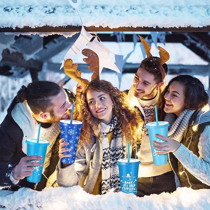 24 Pcs 25 oz Snowflake Party Favors Cups Bulk Blue White Frozens Cups with Lid and Straw Reusable Plastic Tumblers for Winter Theme Holiday Birthday Wonderland Party Supplies