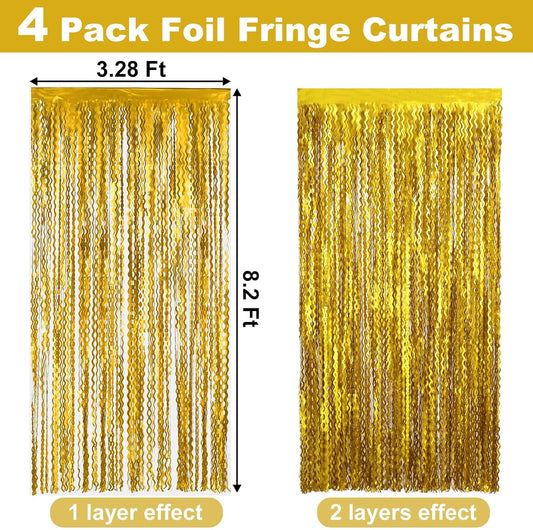 4 Pack Gold Fringe Curtain Backdrop 3.2Ft x 8.2Ft Metallic Tinsel Foil Fringe Streamers Background for Photo Booth Mother's Day, Easter, Carnival, Birthday, Wedding Party Decoration