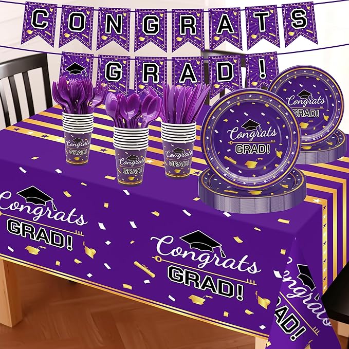 Graduation Decorations Class of 2026,147 PCS Purple and Gold Graduation Decorations,Disposable Congrats Grad Tableware Banner Graduation Plates Cups Tablecloth for Party Supply,School,College,Serve 24