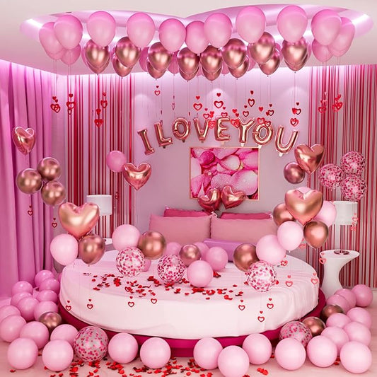 Bonropin Valentine's Day Balloons Kit with Rose Gold Pink Heart, I Love You Balloon, Rose Petals for Valentine, Anniversary, Wedding, Mother's Day, Romantic Special Night Decorations