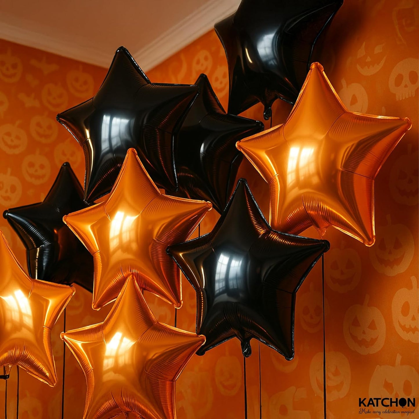 Katchon, Orange And Black Star Balloons -18 Inch-pack of 12 | Halloween Balloons | Orange Balloon For Halloween Decorations Indoor | Basketball Party Decorations | Orange, Black Party Decorations
