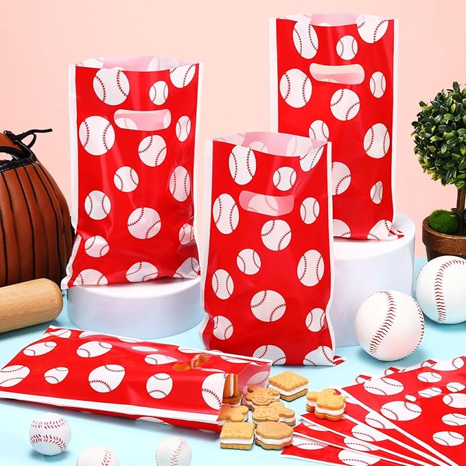 Frienda 100 Pcs Baseball Treat Bags with Handles, Red White Plastic Baseball Party Favors Bag Baseballs Snacks Bags for Candy Small Gifts, Team Events Birthday and Sports Celebrations Decorations