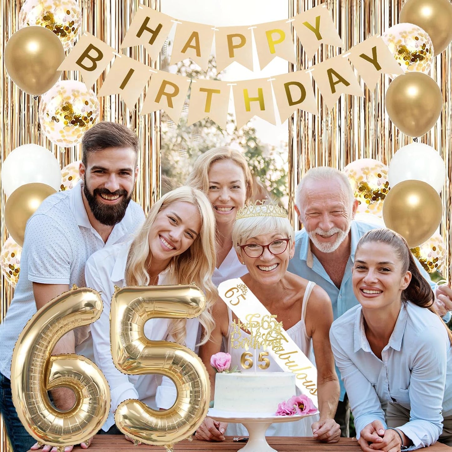 Trgowaul 65th Birthday Decorations for Women, Banner, Sash and Crown, Cake Topper, 65 Number Balloon, Fringe Curtains, Champagne Gold 65th Birthday Party Supplies