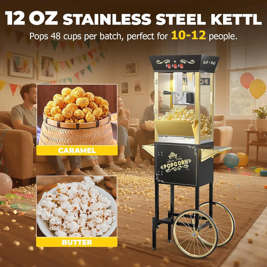 2025 Upgraded 12 oz Popcorn Machine Cart, Popcorn Maker Machine with Stainless-Steel Kettle Makes Up to 48 Cups, Movie Theater Pop Corn Machine with 3-Switch Control & Tempered Glass Doors, Black