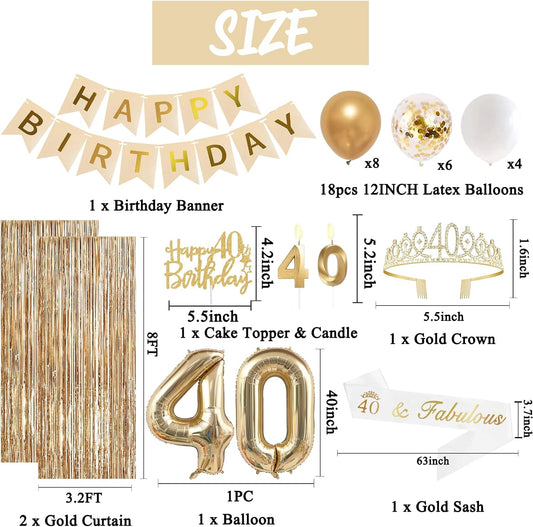 Trgowaul 40th Birthday Decorations for Women, Banner, Sash and Crown, Cake Topper, 40 Number Balloon, Fringe Curtains, Champagne Gold 40th Birthday Party Supplies
